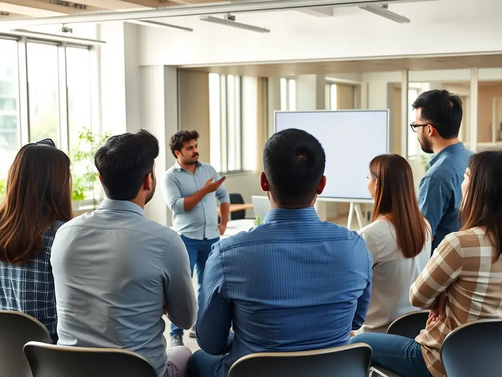 A professional image of a startup meet in Bangalore, India, showcasing young entrepreneurs pitching their ideas to investors.