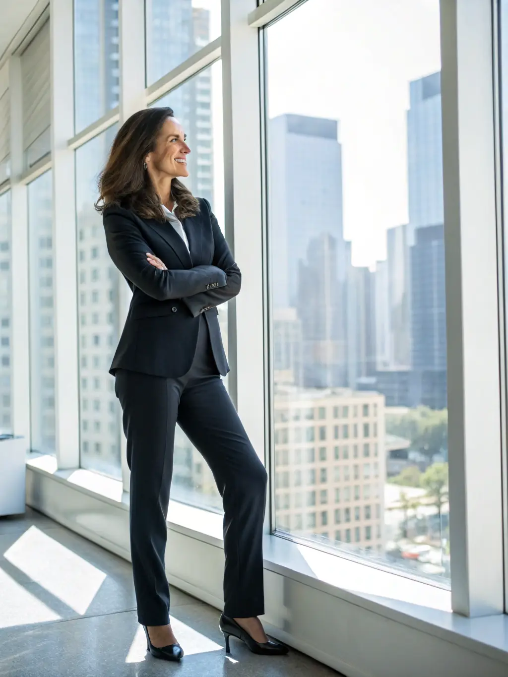 A professional headshot of a confident woman in business attire, speaking at a leadership summit in Mumbai, India, with a modern cityscape in the background.