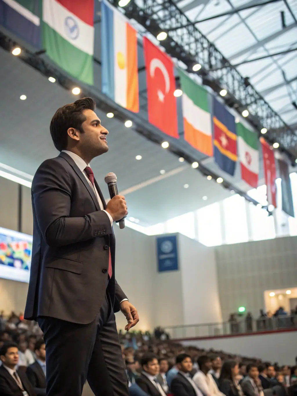 A professional photograph of a seasoned executive delivering a keynote speech at a corporate gathering in Delhi, India, emphasizing business growth and strategy.