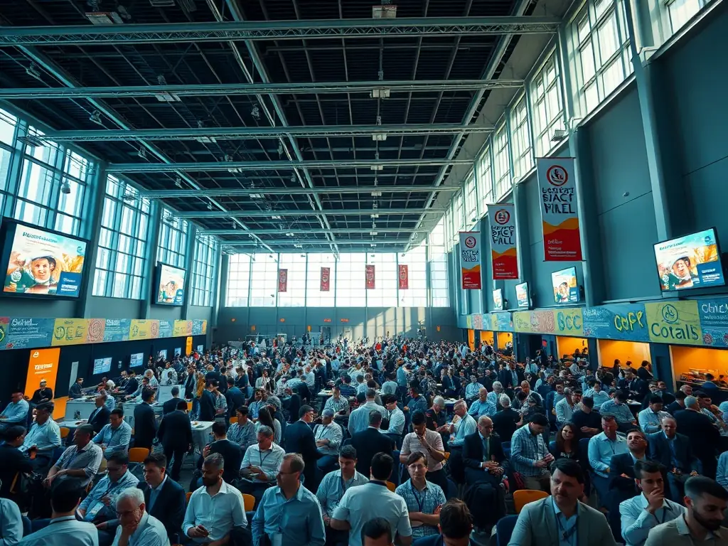 A vibrant photograph capturing the energy of a business conference in Mumbai, India, with attendees networking and engaging in discussions.