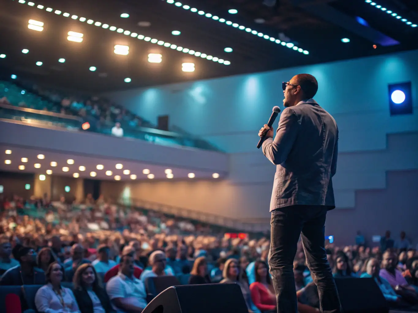 A professional speaker on stage, delivering a keynote address at a leadership summit in Mumbai, India. The speaker is engaging with the audience, using a microphone and presentation slides.