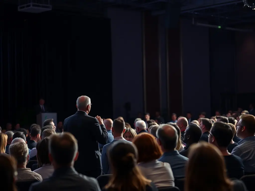 A photograph of a corporate gathering in Delhi, India, with professionals attending a keynote speech.