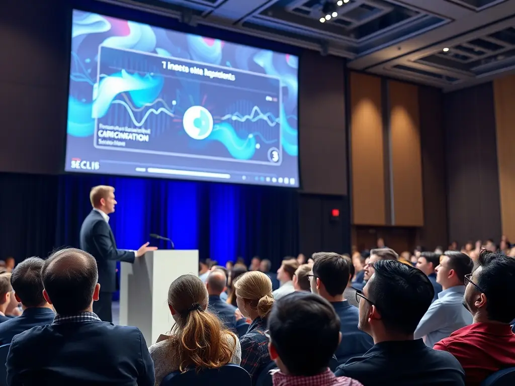 A speaker presenting on technology trends at a corporate gathering in Delhi, India. The speaker is showcasing new technologies and their impact on various industries.